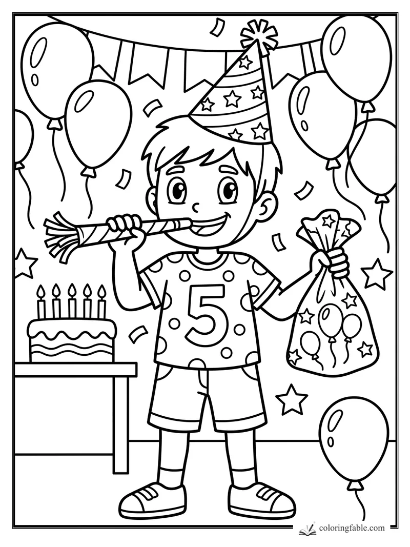 Smiling birthday boy in a number 5 shirt blowing a party horn, holding a gift bag beside cake and balloons.