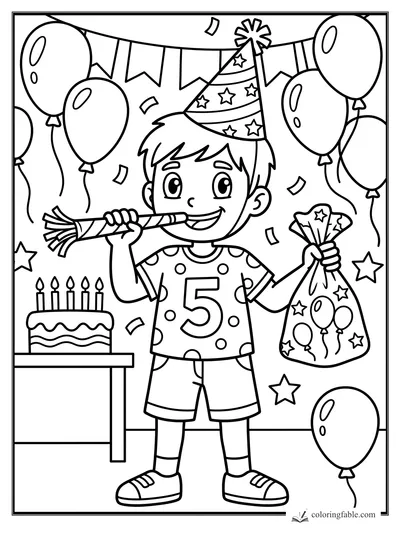 Smiling birthday boy in a number 5 shirt blowing a party horn, holding a gift bag beside cake and balloons.