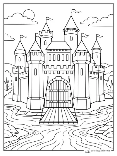 Easy castle coloring page with six towers, flags, drawbridge, river, clouds, trees, and rocks.