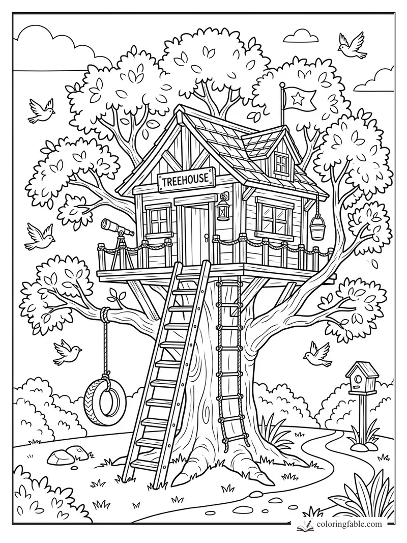 Cartoon treehouse with ladder, rope swing, telescope, flag, birds, and birdhouse in a leafy tree.