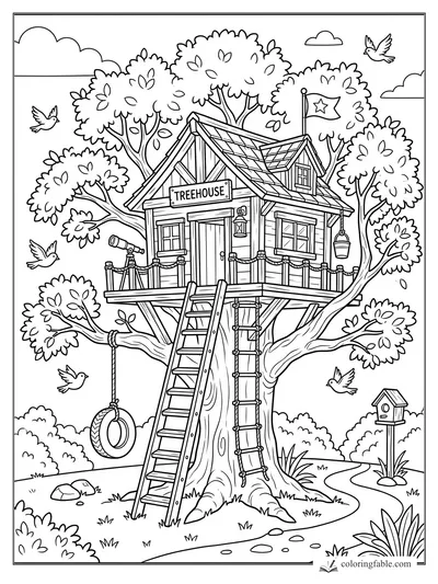 Cartoon treehouse with ladder, rope swing, telescope, flag, birds, and birdhouse in a leafy tree.
