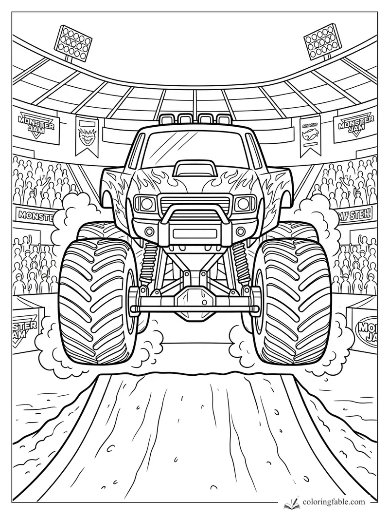 Monster truck with flame decals jumping a dirt ramp inside a packed stadium