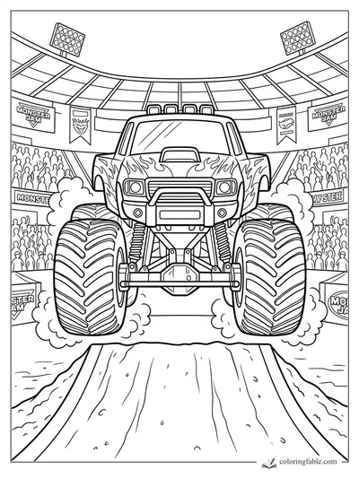 Monster truck with flame decals jumping a dirt ramp inside a packed stadium