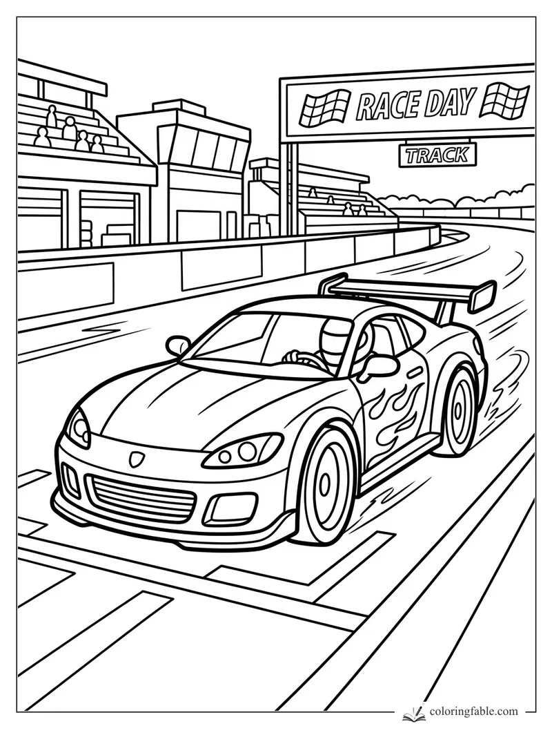 Easy race car coloring page with flame decals, grandstands, and a Race Day track sign.