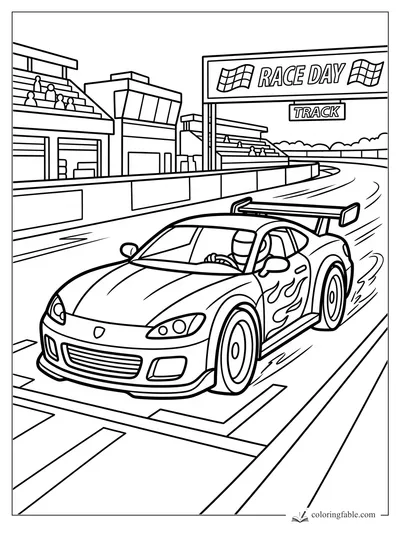 Easy race car coloring page with flame decals, grandstands, and a Race Day track sign.