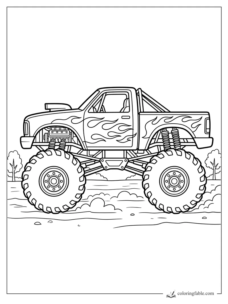 Monster truck coloring page with flame decals, giant treaded tires, shocks, roll bars, and dusty ground.