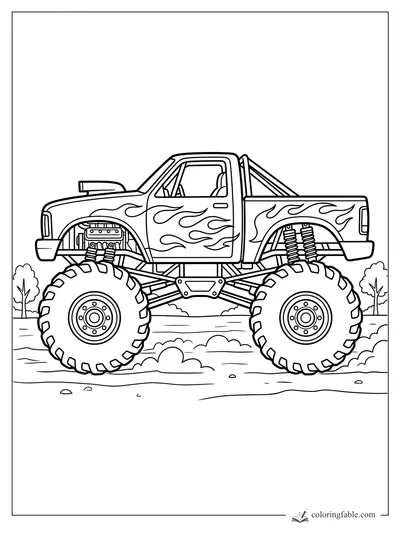 Monster truck coloring page with flame decals, giant treaded tires, shocks, roll bars, and dusty ground.
