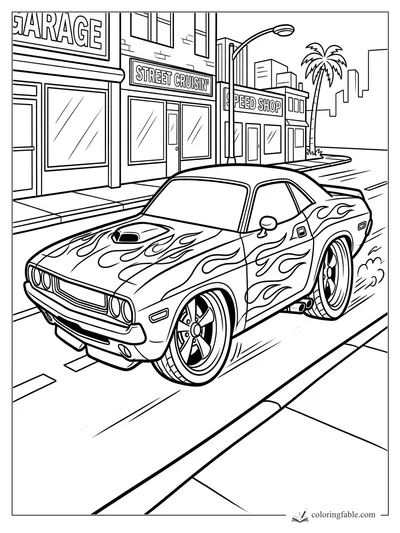 Cartoon muscle car with flame decals speeding past garage, street cruisin', and speed shop storefronts.