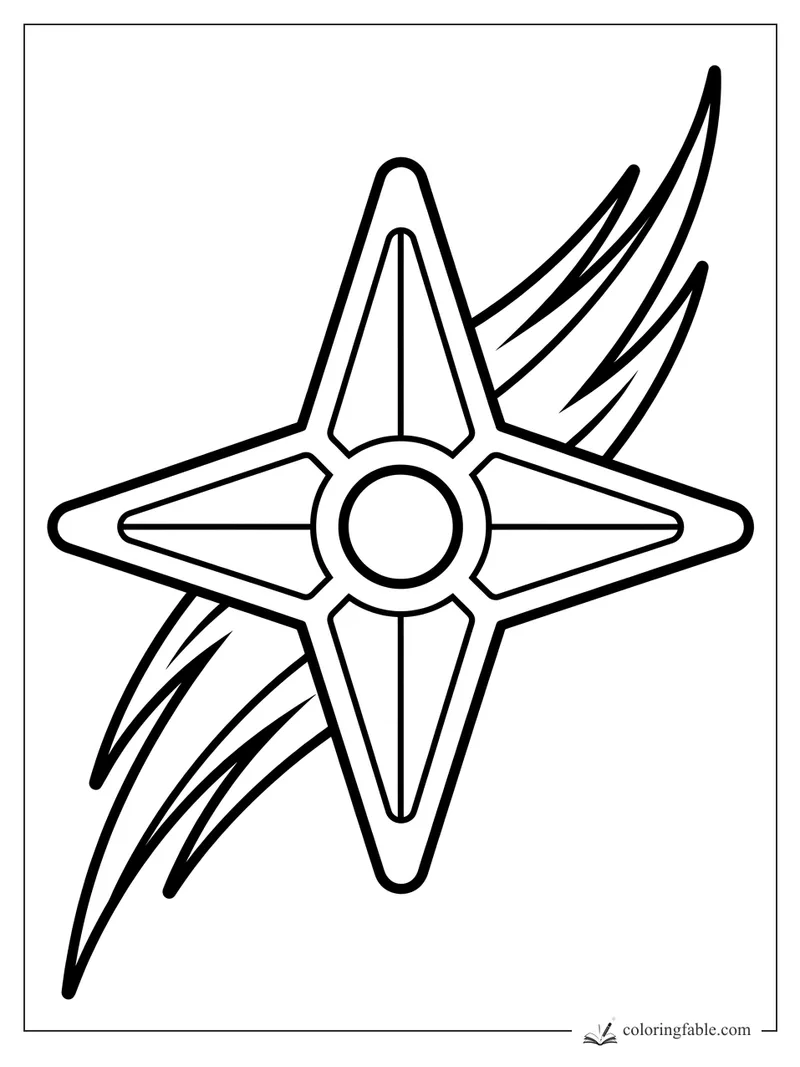 Four-point ninja star with a round center and curved flame streaks behind it