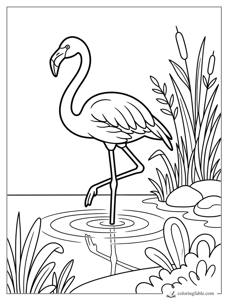 Easy flamingo coloring page with one leg in pond ripples, reeds, cattails, rocks, and leafy plants.