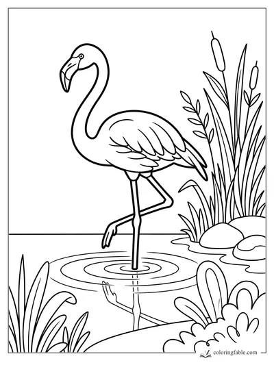 Easy flamingo coloring page with one leg in pond ripples, reeds, cattails, rocks, and leafy plants.