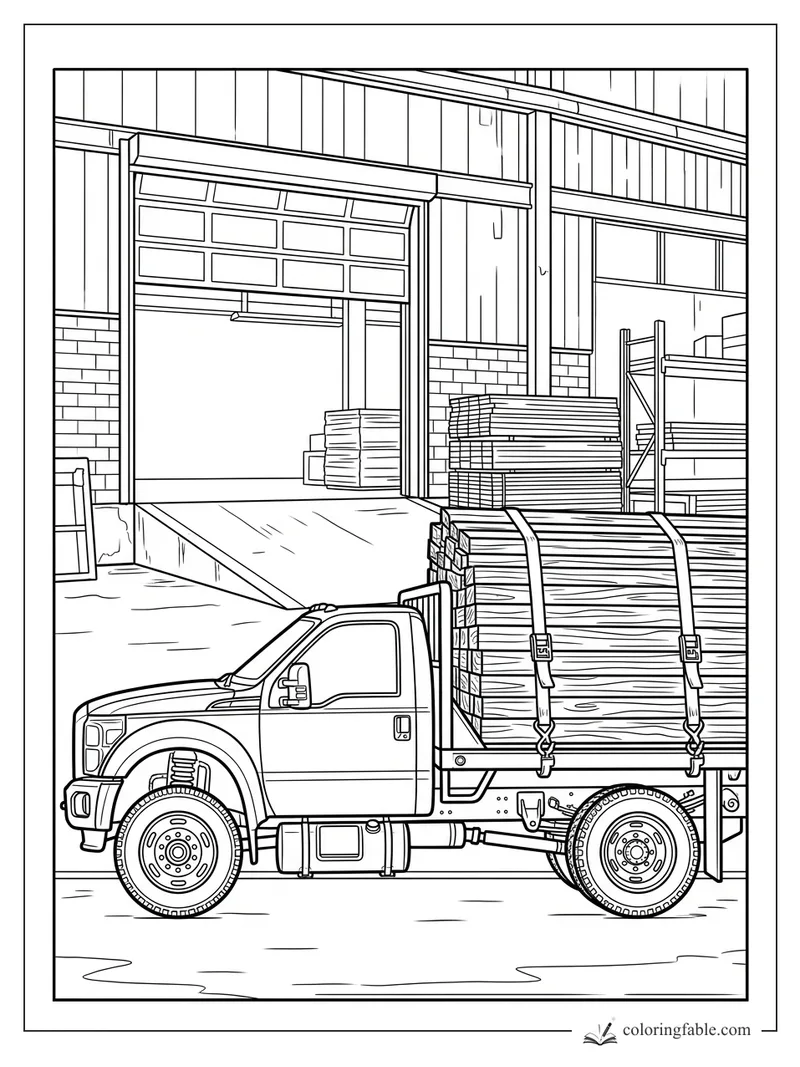 Realistic flatbed truck carrying strapped lumber outside a warehouse loading bay