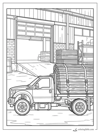 Realistic flatbed truck carrying strapped lumber outside a warehouse loading bay