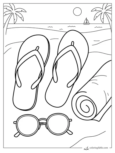Easy summer coloring page with flip-flops, round sunglasses, towel, palms, sun, waves, and sailboat.
