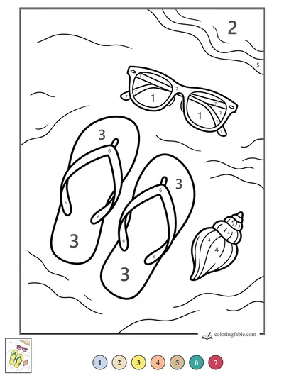 Flip-Flops, Sunglasses, and a Spiral Shell — color by number
