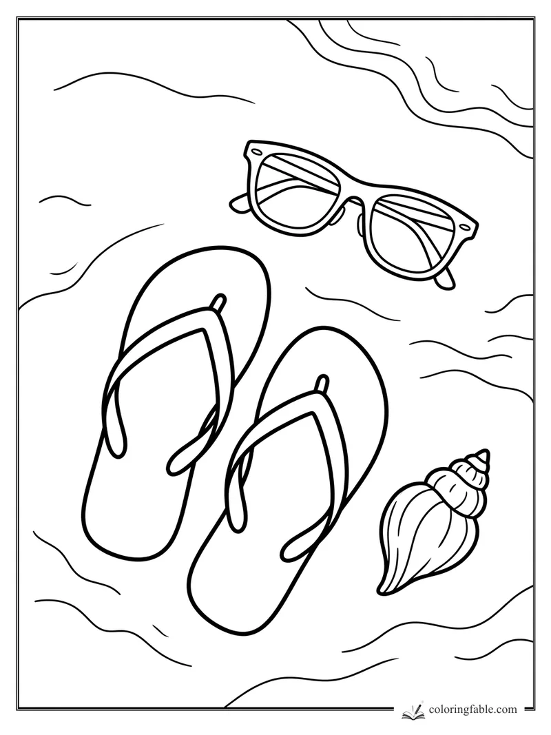 Easy beach coloring page with flip-flops, sunglasses, a spiral shell, and wavy sand lines.