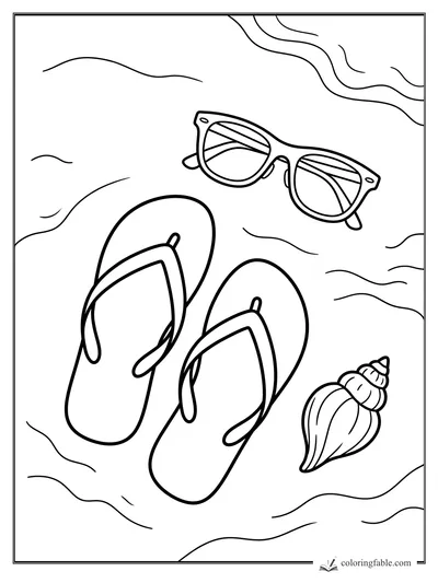 Easy beach coloring page with flip-flops, sunglasses, a spiral shell, and wavy sand lines.
