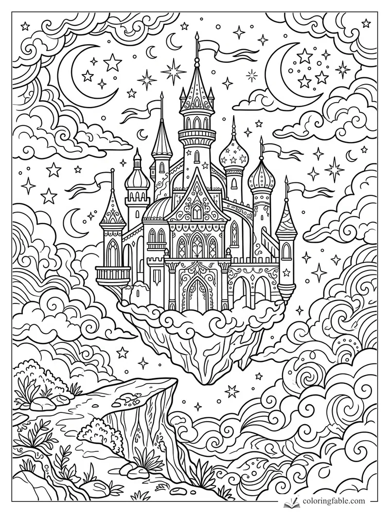 Aesthetic floating castle with ornate towers, flags, swirling clouds, stars, and crescent moons