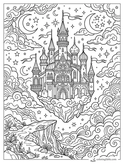 Aesthetic floating castle with ornate towers, flags, swirling clouds, stars, and crescent moons