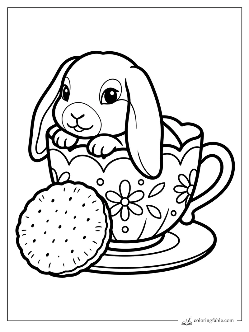 Floppy-eared bunny peeking from a flower teacup with a round cookie on the saucer