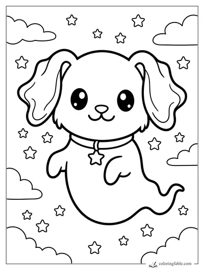 Kawaii ghost puppy with floppy ears, star collar charm, clouds, and scattered stars coloring page