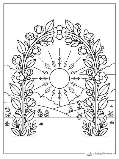 Minimalist floral arch with leaves, blossoms, hills, clouds, and a radiant sun coloring page