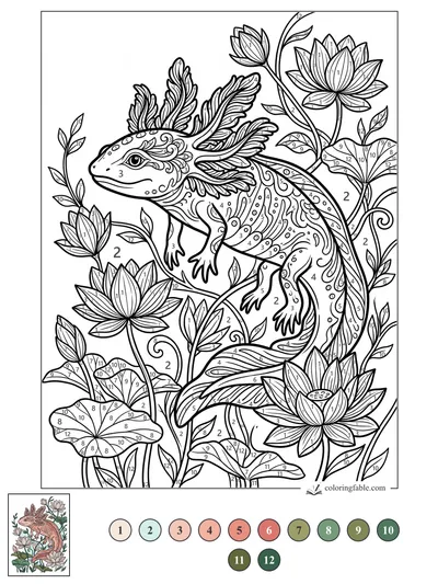 Floral Axolotl Among Lotus Stems — color by number