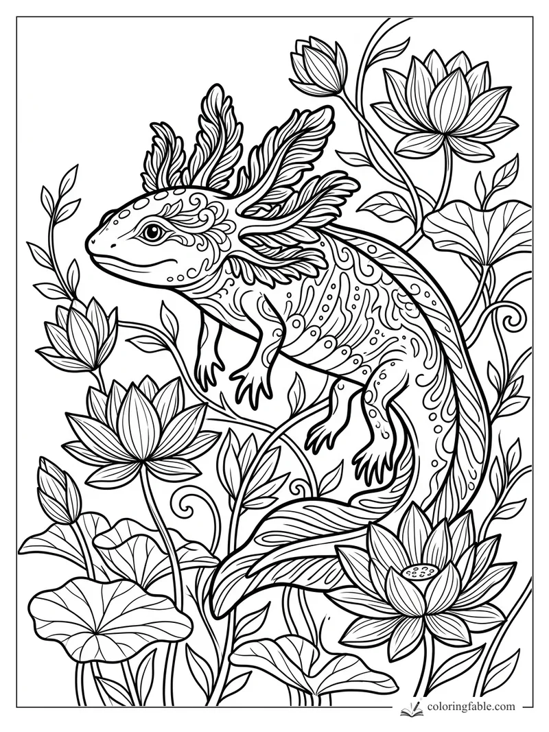 Intricate floral axolotl swimming through lotus flowers, leaves, curling vines, and patterned frilly gills.