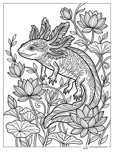 Intricate floral axolotl swimming through lotus flowers, leaves, curling vines, and patterned frilly gills.