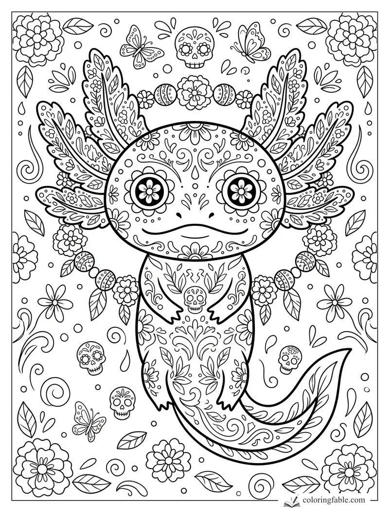 Intricate floral axolotl with feather-like gills, sugar skulls, butterflies, leaves, and swirling patterns.