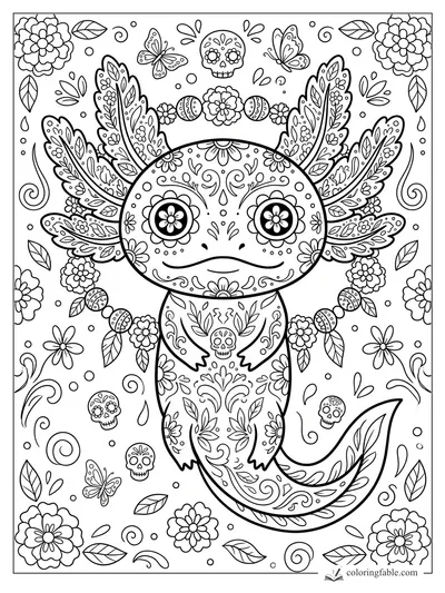 Intricate floral axolotl with feather-like gills, sugar skulls, butterflies, leaves, and swirling patterns.