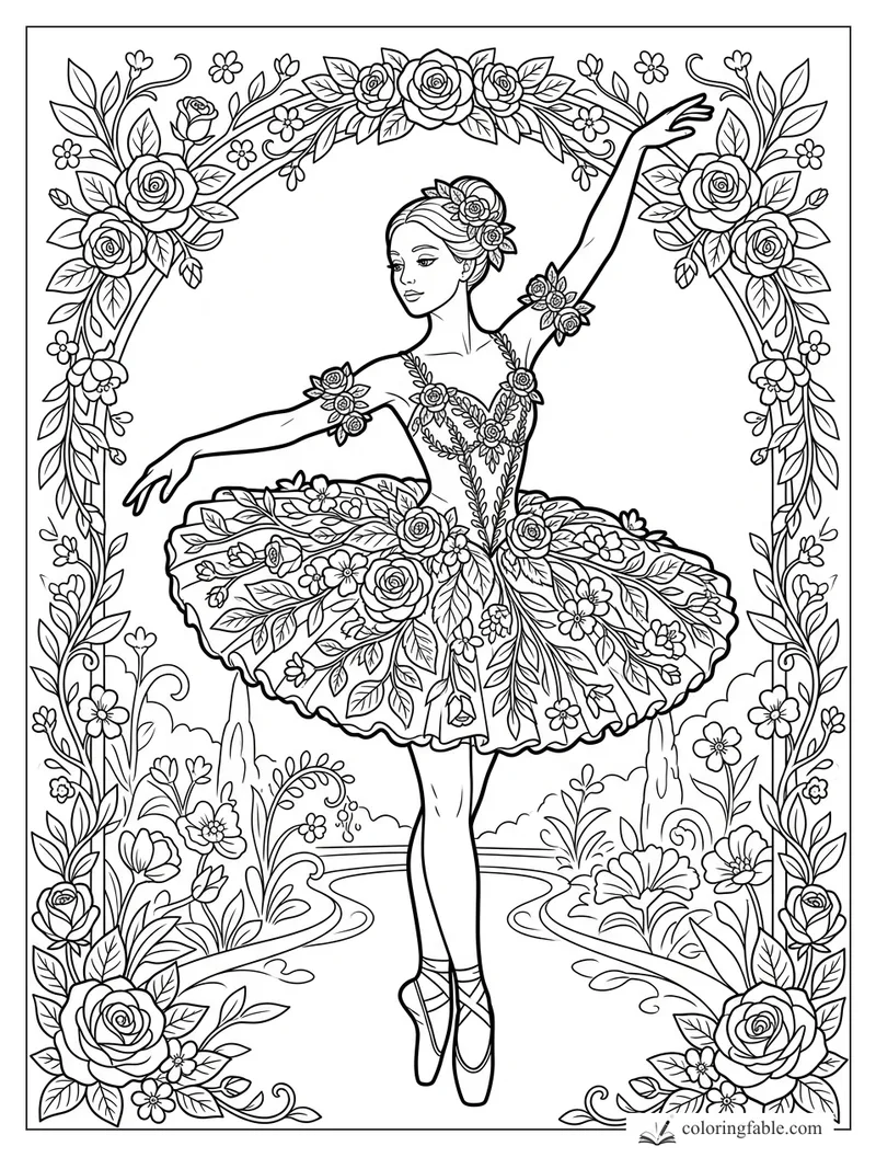 Intricate floral ballerina en pointe beneath a rose arch in a garden fountain scene