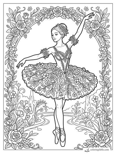 Intricate floral ballerina en pointe beneath a rose arch in a garden fountain scene