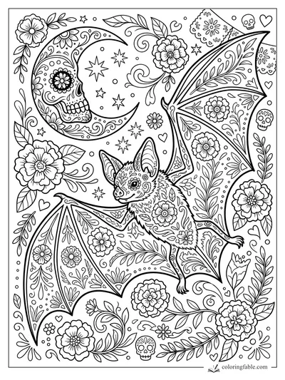 Floral bat with patterned wings flying under a crescent sugar-skull moon, stars, flowers, hearts, and leaves.