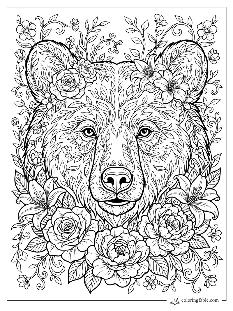 Intricate bear face framed by roses, lilies, leafy vines, and curling floral patterns