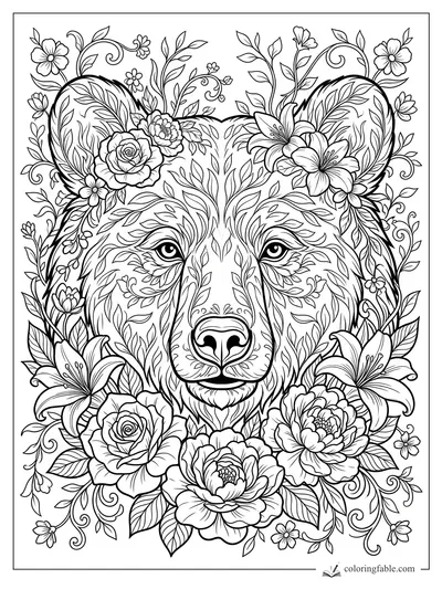 Intricate bear face framed by roses, lilies, leafy vines, and curling floral patterns