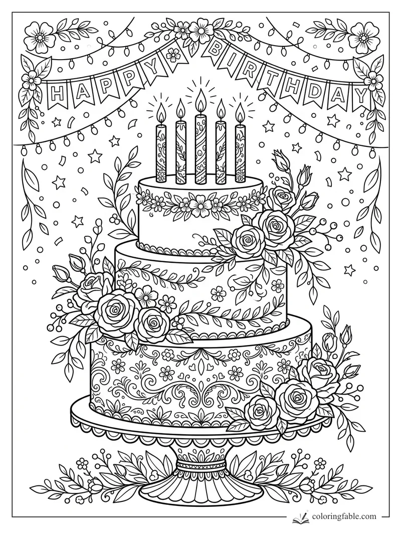 Intricate floral birthday cake with roses, five candles, garlands, lights, stars, and a Happy Birthday banner