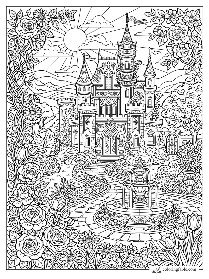 Intricate floral castle coloring page with rose border, sunny sky, winding path, flags, and garden fountain