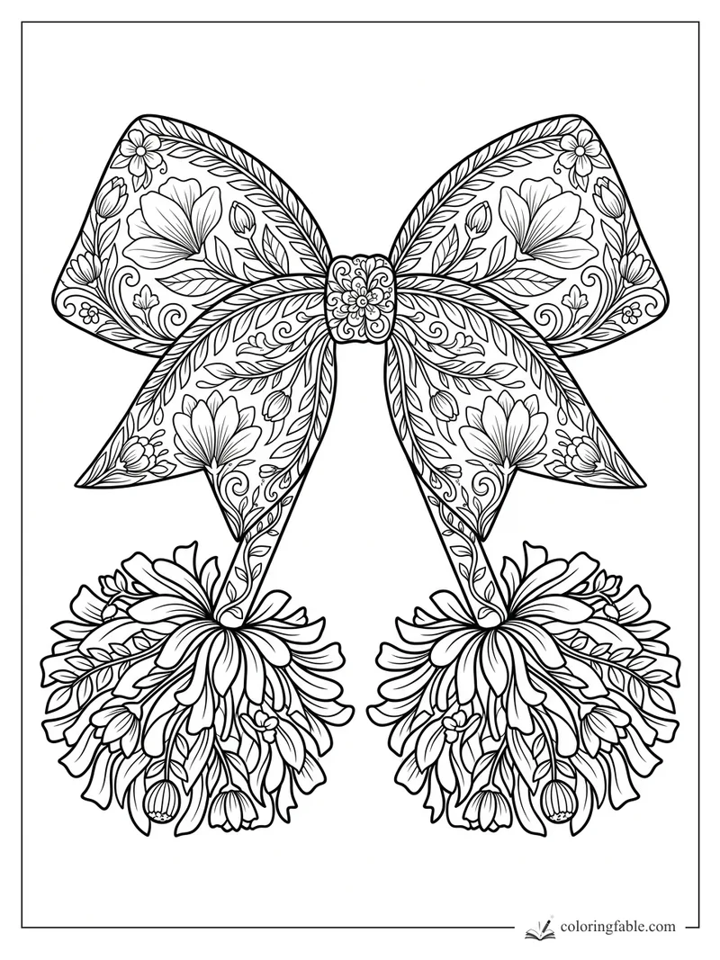 Intricate floral cheer bow with leafy ribbons and two flower-filled pom-poms