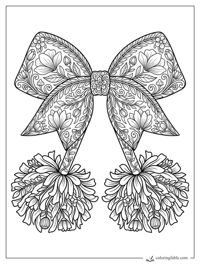 Intricate floral cheer bow with leafy ribbons and two flower-filled pom-poms