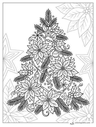Floral Christmas tree coloring page with poinsettias, holly, garlands, ornaments, and a star topper