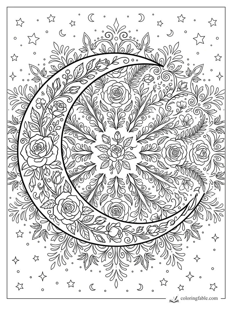 Intricate crescent moon mandala with roses, leafy vines, stars, dots, and tiny crescent moons.