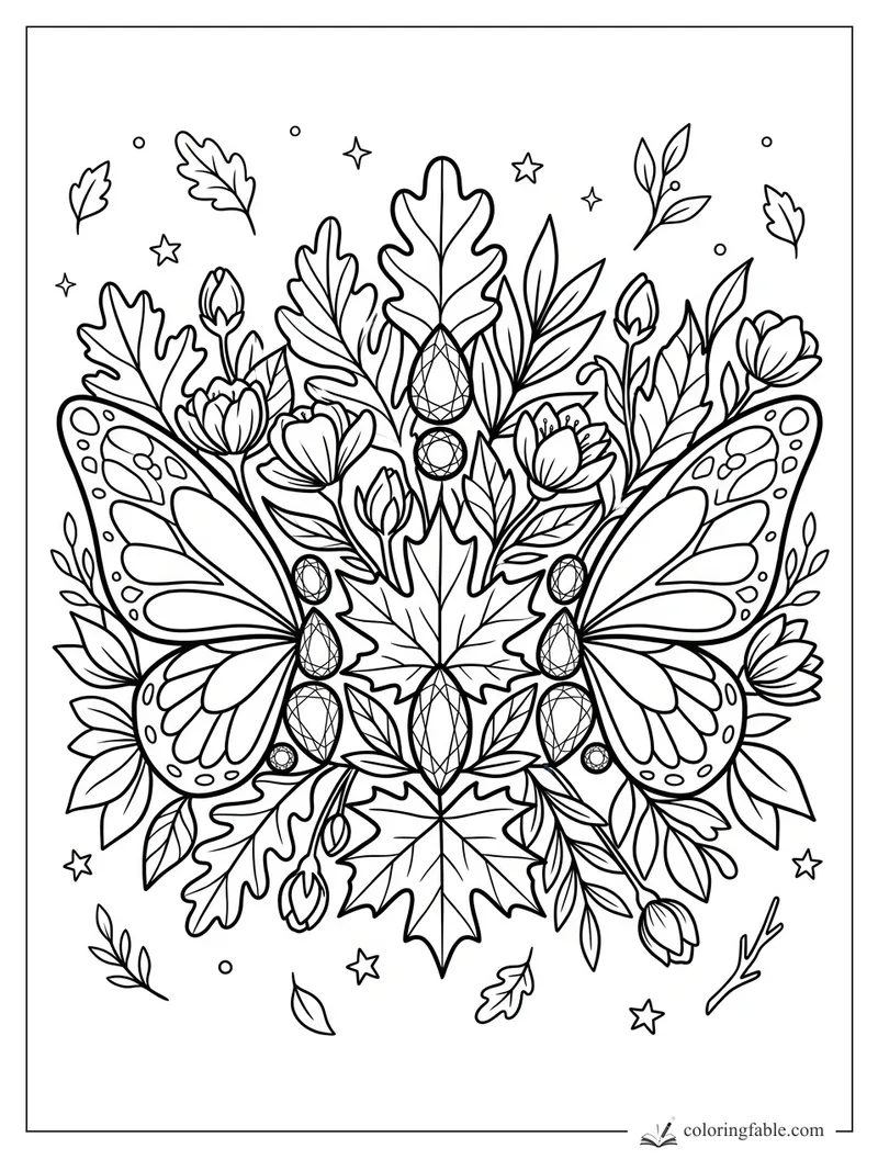 Floral crown coloring page with butterfly wings, leaves, flowers, gems, stars, and dots.