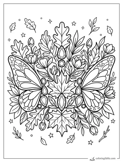 Floral crown coloring page with butterfly wings, leaves, flowers, gems, stars, and dots.