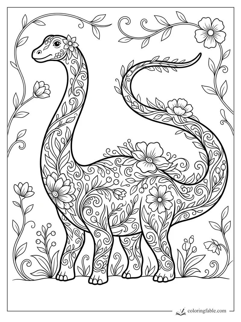 Intricate floral diplodocus with leafy swirls, blossoms, and curling garden vines to color