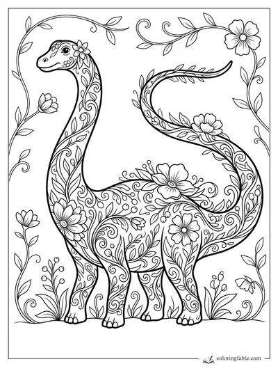 Intricate floral diplodocus with leafy swirls, blossoms, and curling garden vines to color