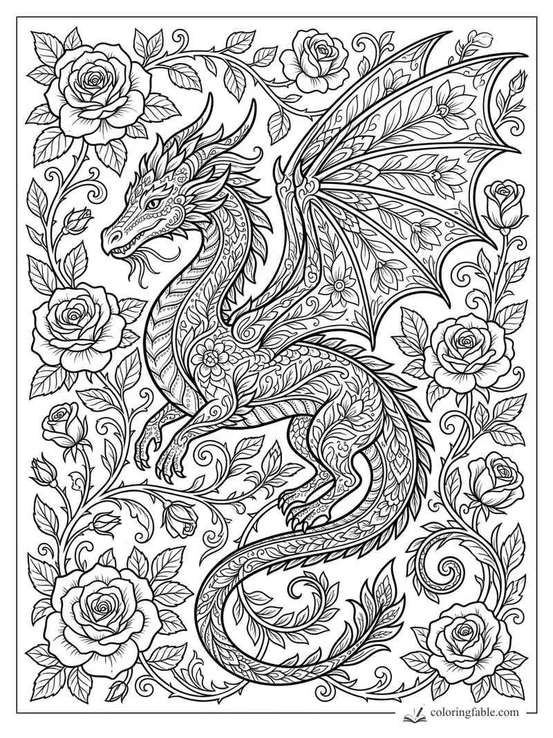 Intricate floral dragon with patterned wings, curled tail, roses, leaves, and curling vines