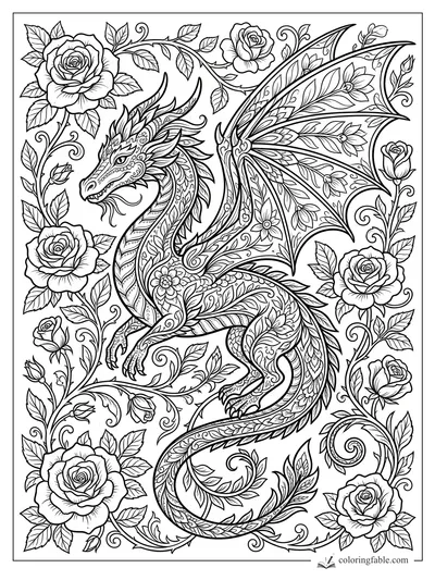 Intricate floral dragon with patterned wings, curled tail, roses, leaves, and curling vines