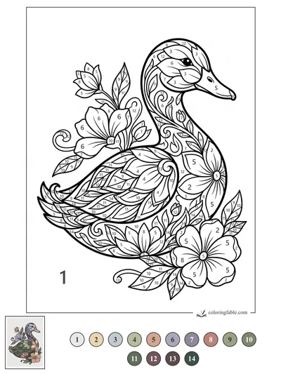Floral Duck with Leaf-Patterned Feathers — color by number