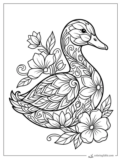 Intricate floral duck coloring page with leaf feathers, curling vines, blossoms, and a long arched neck